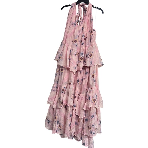 New Free People Stop Time Floral Pink Maxi Tiered Fairy Boho Halter Dress XL - Picture 3 of 14